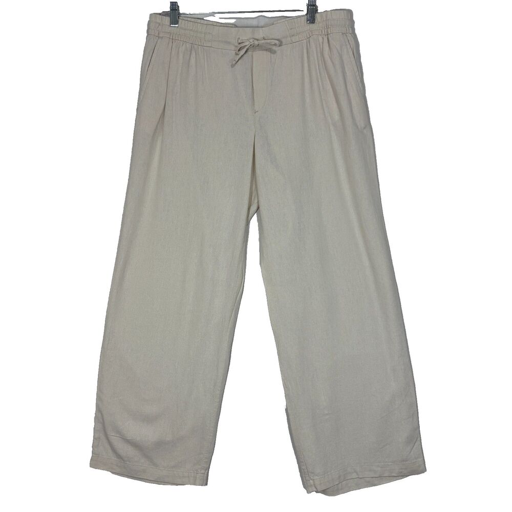 Linen Blend Lt Beige‎ Pants Womens L Drawstring Waist Coastal Beachy Boho Casual